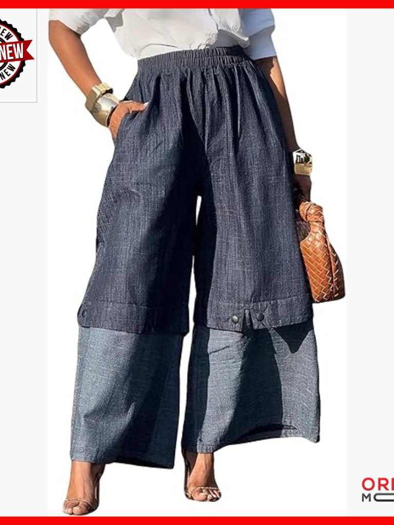 Cotton Wide Leg Palazzo Pants High Waisted Elastic Patchwork Pockets